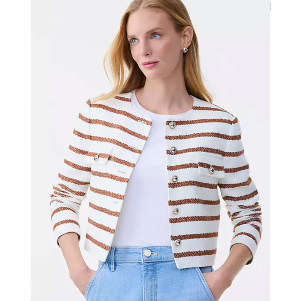 NEW ANN TAYLOR TORTOISE SHELL CREW NECK STRIPED TWEED JACKET SZ 2